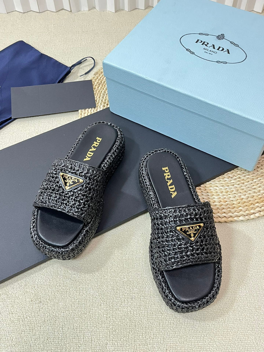 PRADA Crochet Flatform Slides 40 Black