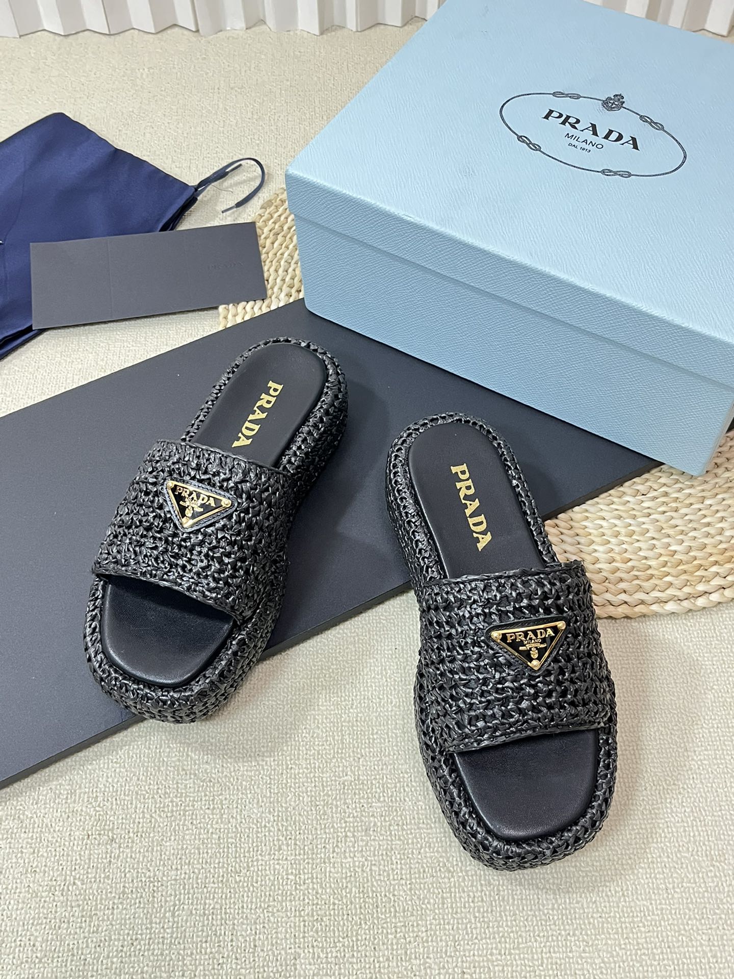 PRADA Crochet Flatform Slides 40 Black