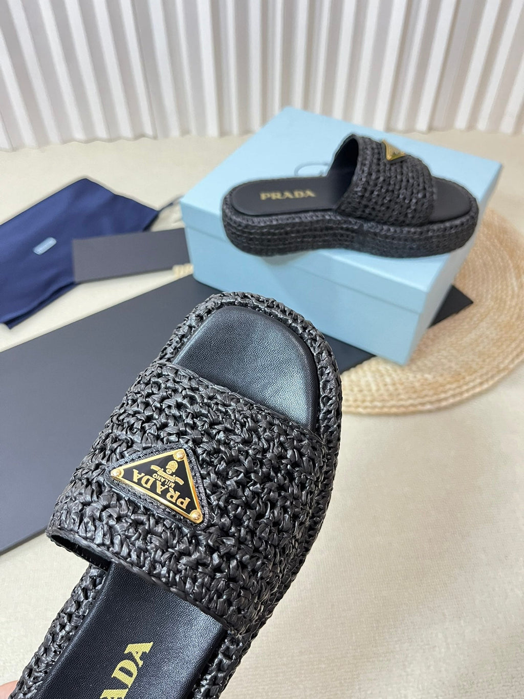 PRADA Crochet Flatform Slides 40 Black
