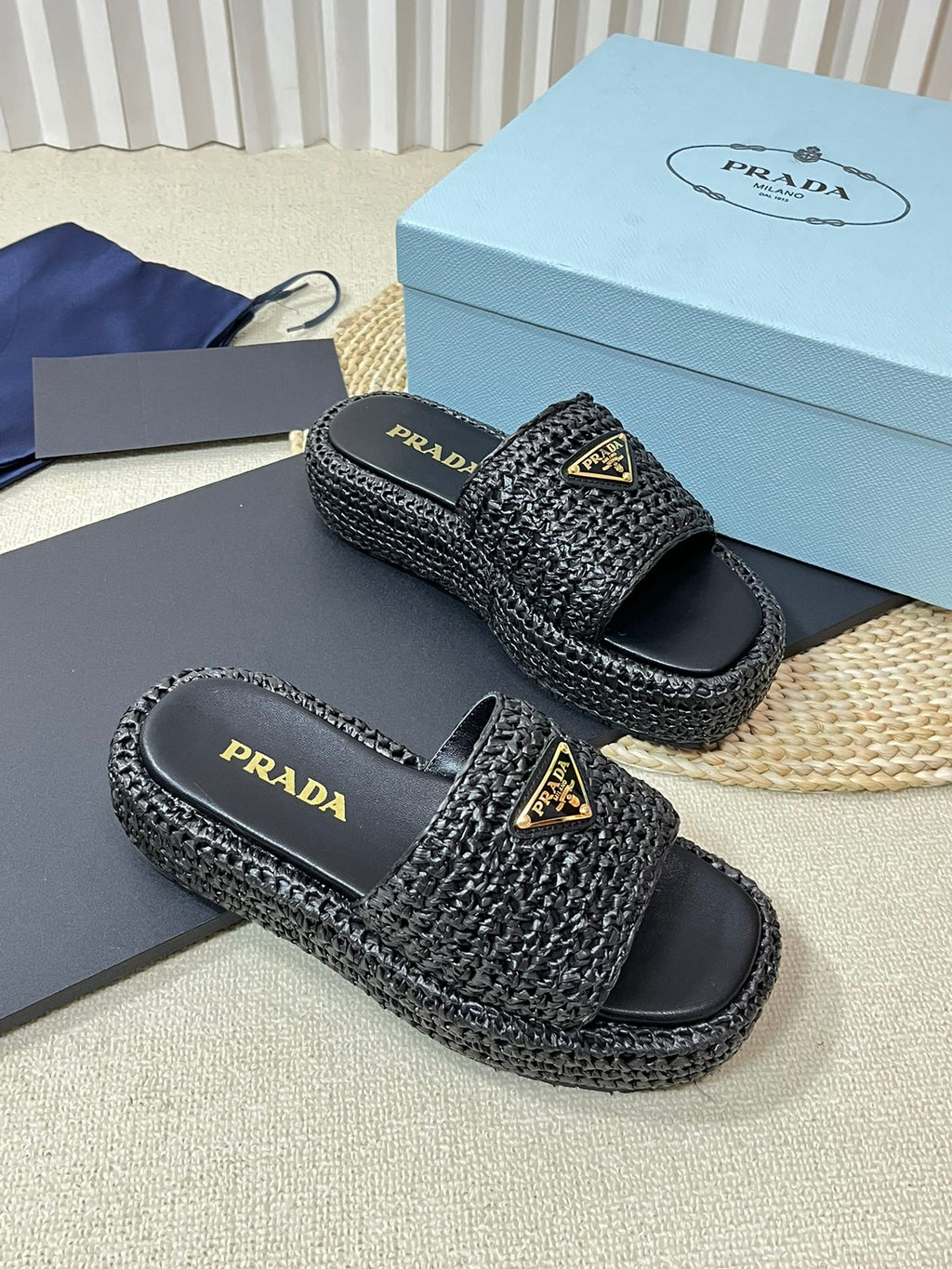 PRADA Crochet Flatform Slides 40 Black