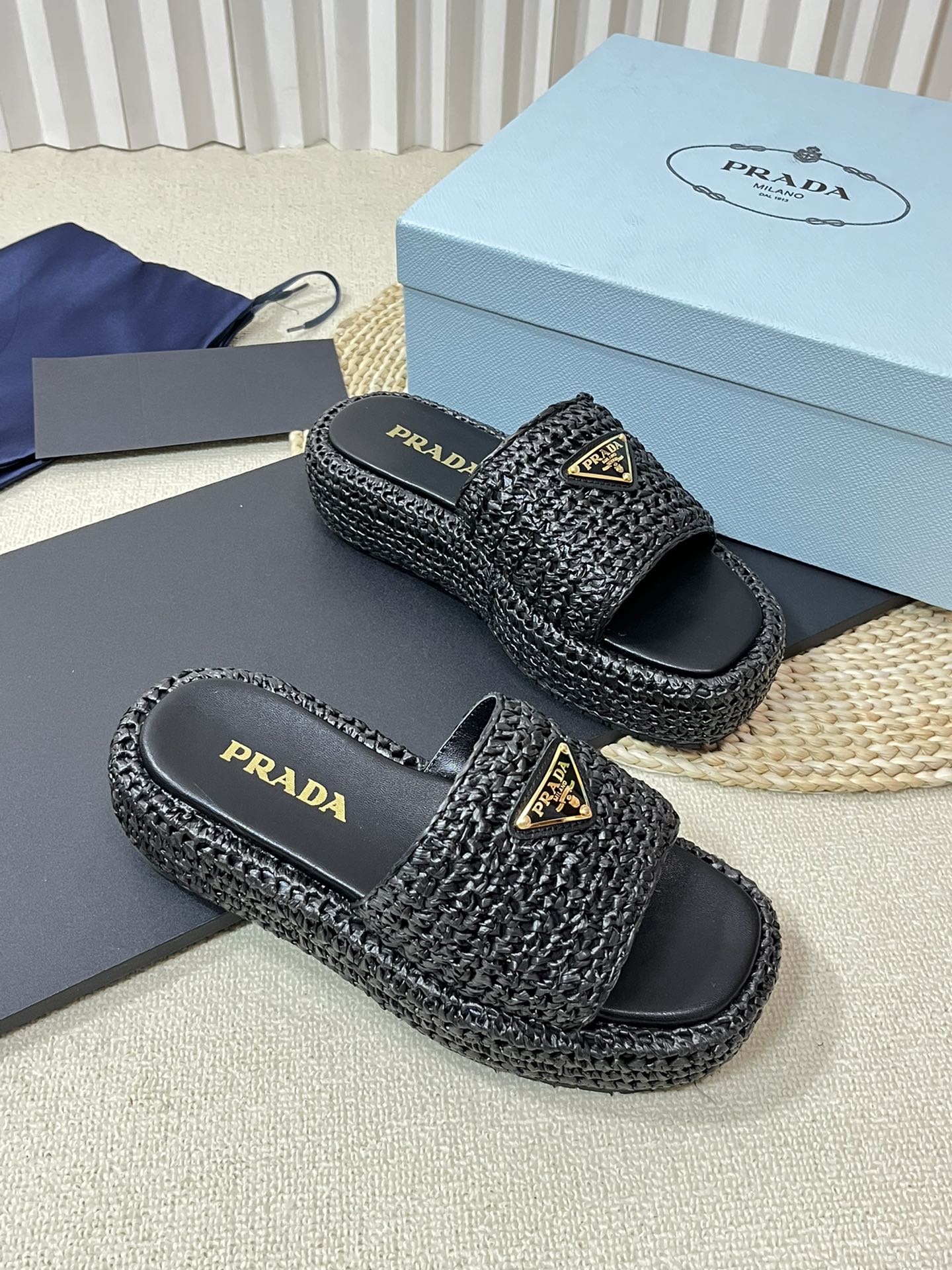 PRADA Crochet Flatform Slides 40 Black