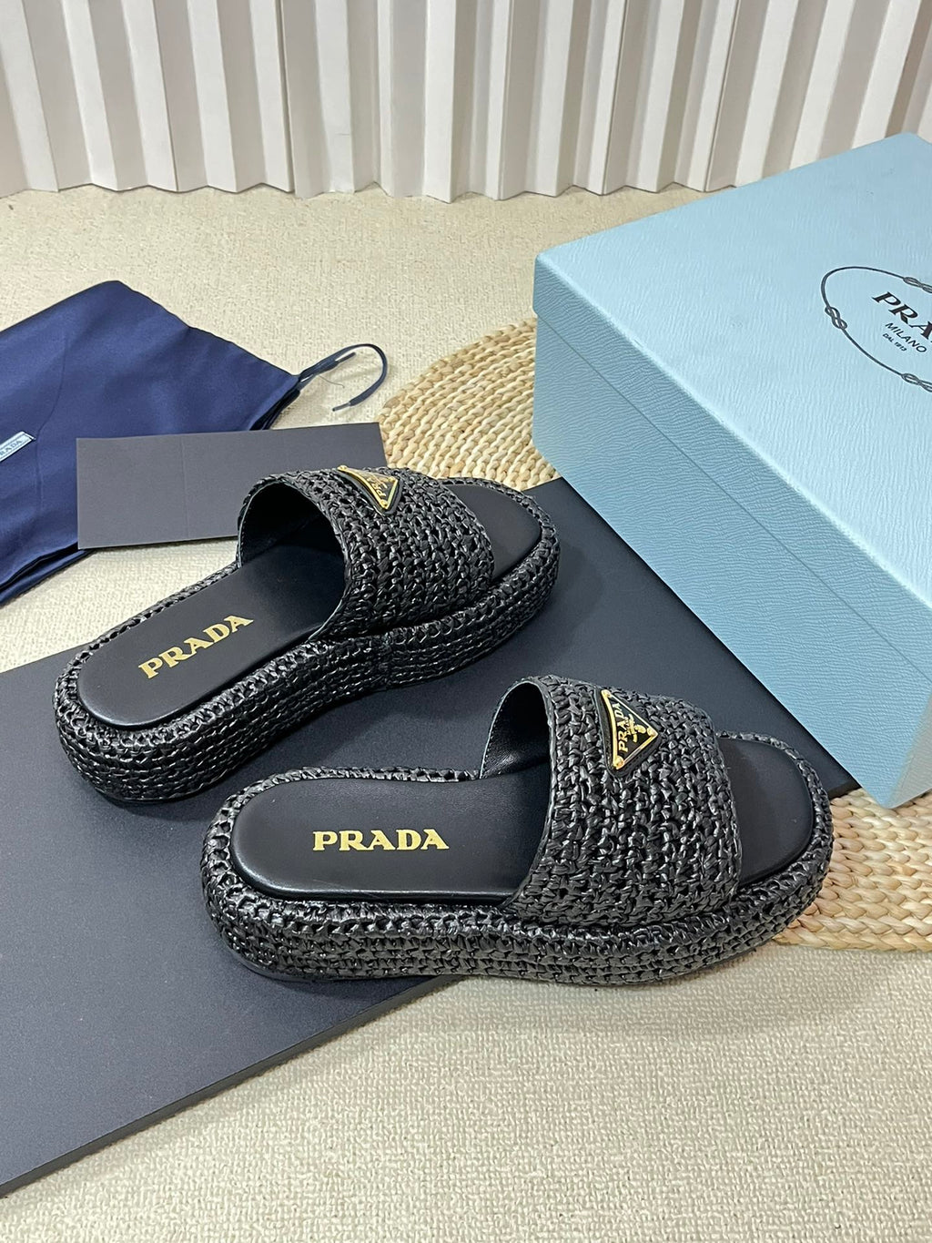 PRADA CROCHET FLATFORM SLIDES BLACK RAFFIA