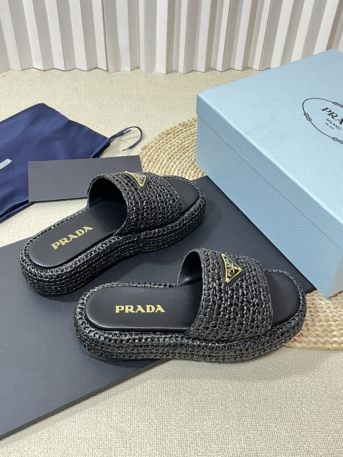 PRADA CROCHET FLATFORM SLIDES BLACK RAFFIA