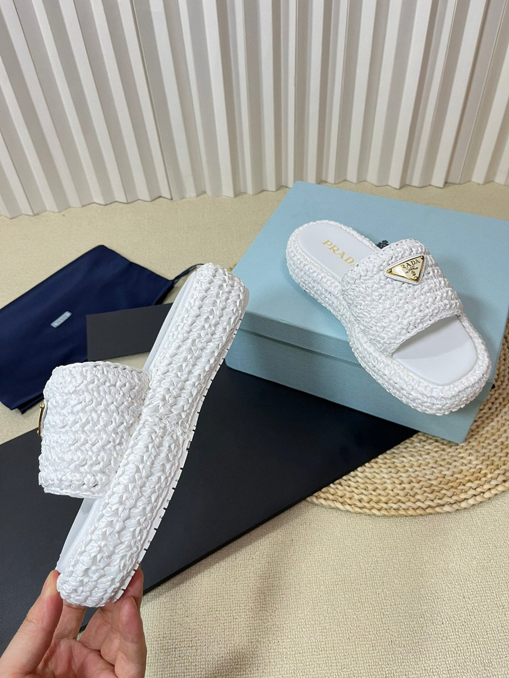 PRADA CROCHET FLATFORM SLIDES WHITE RAFFIA