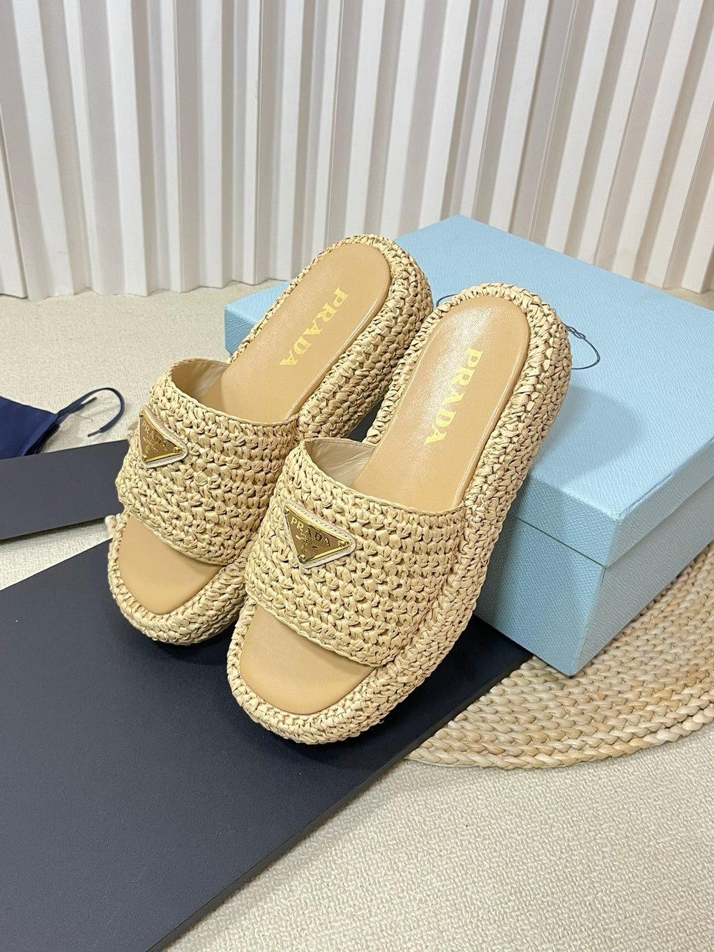 PRADA Crochet Flatform Slides 40 Beige