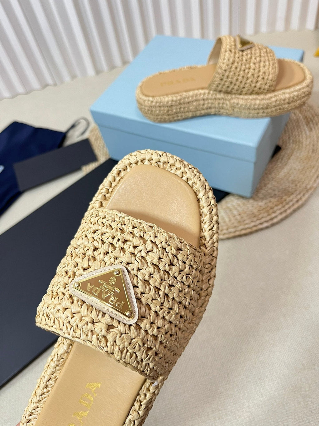 PRADA WEDGE FLATFORM SLIDES BEIGE RAFFIA