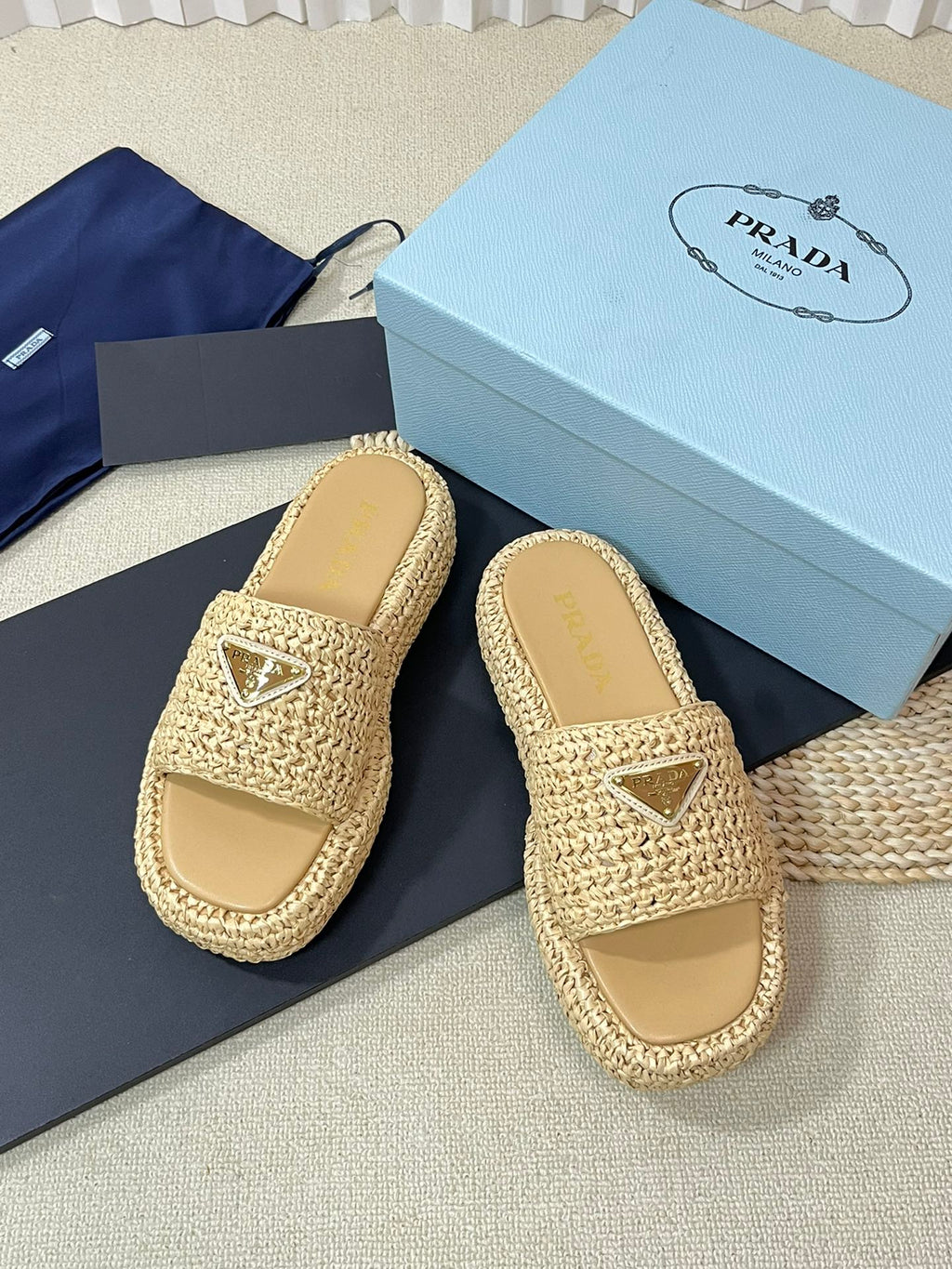 PRADA Crochet Flatform Slides 40 Beige