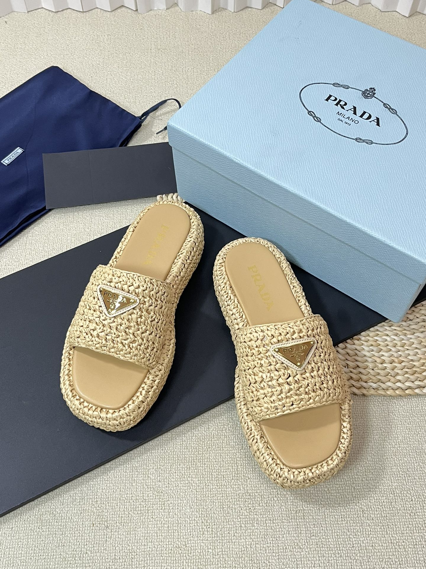 PRADA Crochet Flatform Slides 40 Beige