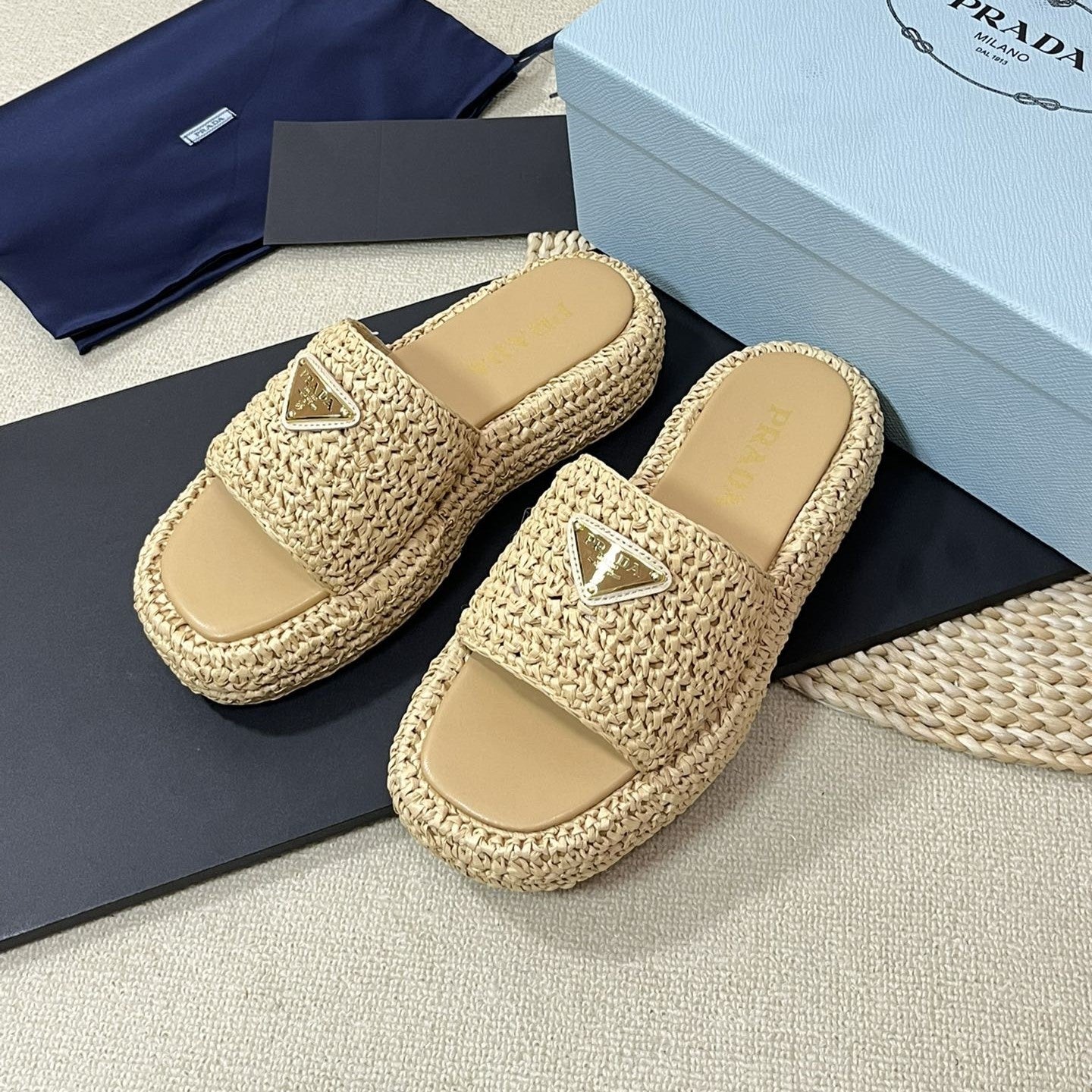 PRADA Crochet Flatform Slides 40 Beige