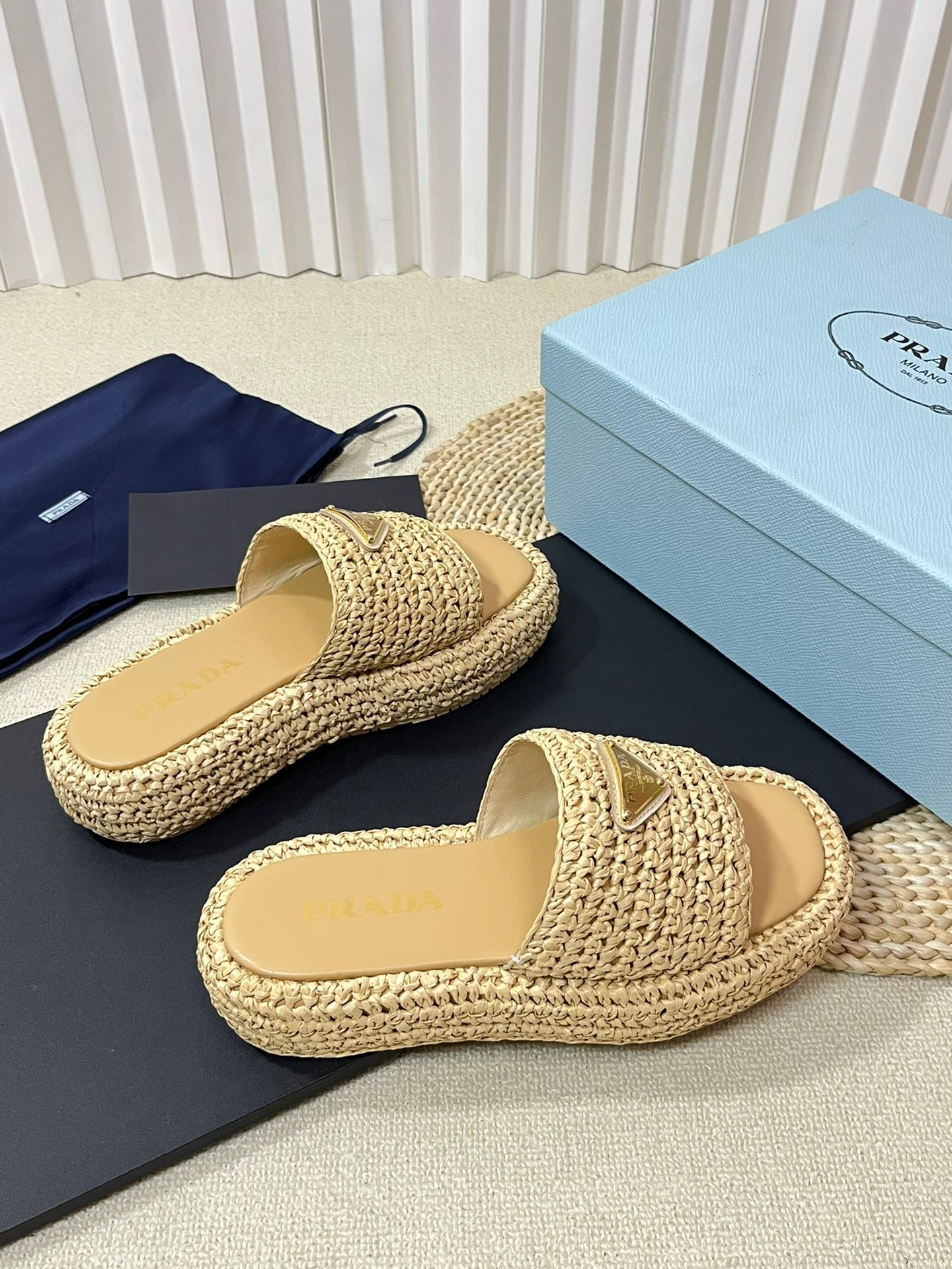 PRADA Crochet Flatform Slides 40 Beige