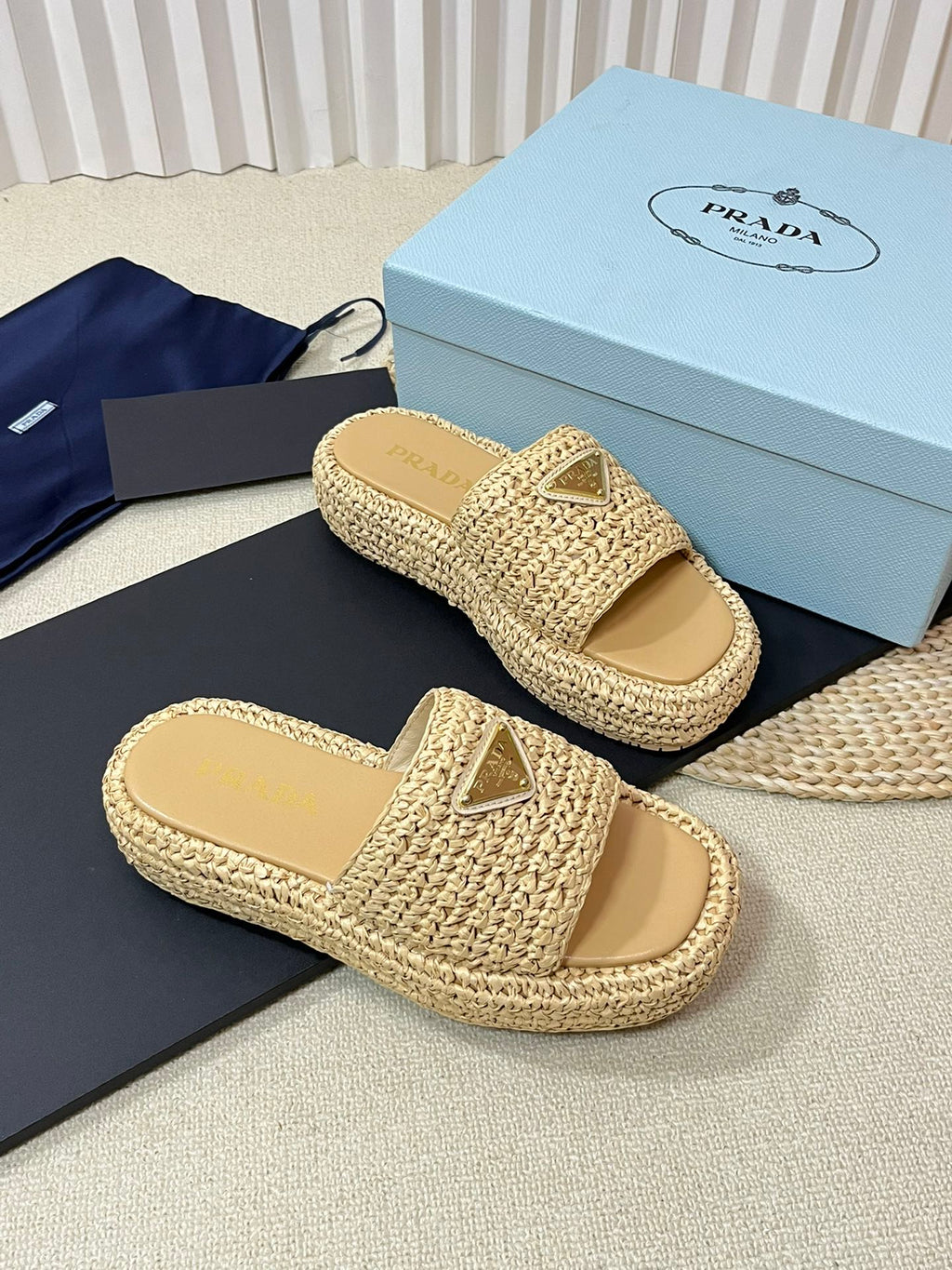 PRADA CROCHET FLATFORM SLIDES BEIGE RAFFIA