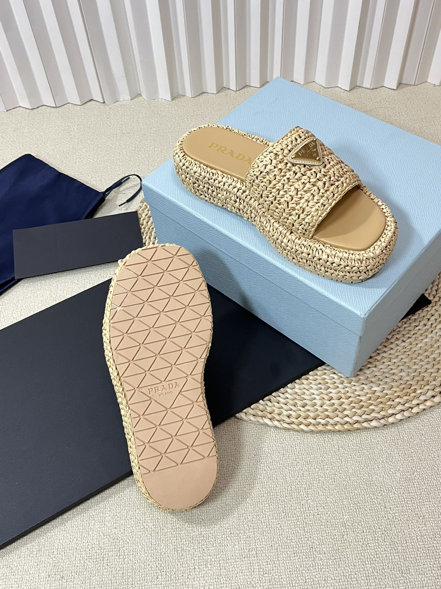 PRADA Crochet Flatform Slides 40 Beige