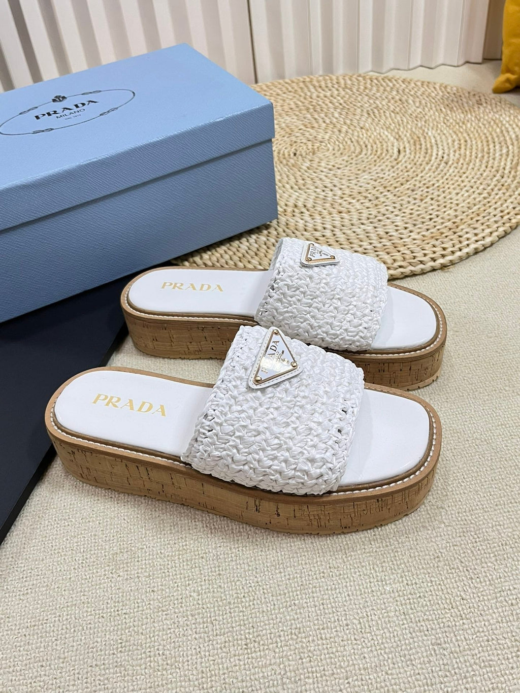 PRADA WEDGE FLATFORM SLIDES WHITE RAFFIA