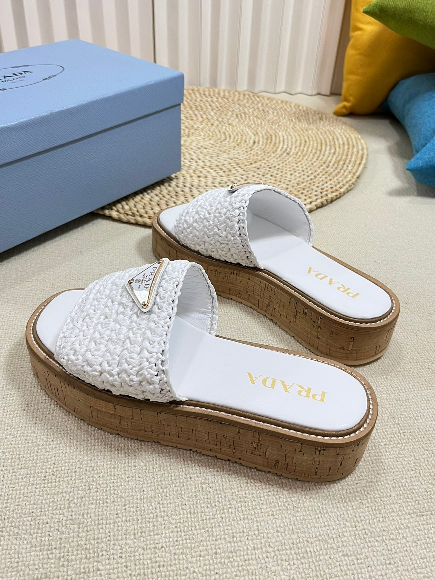 PRADA WEDGE FLATFORM SLIDES WHITE RAFFIA