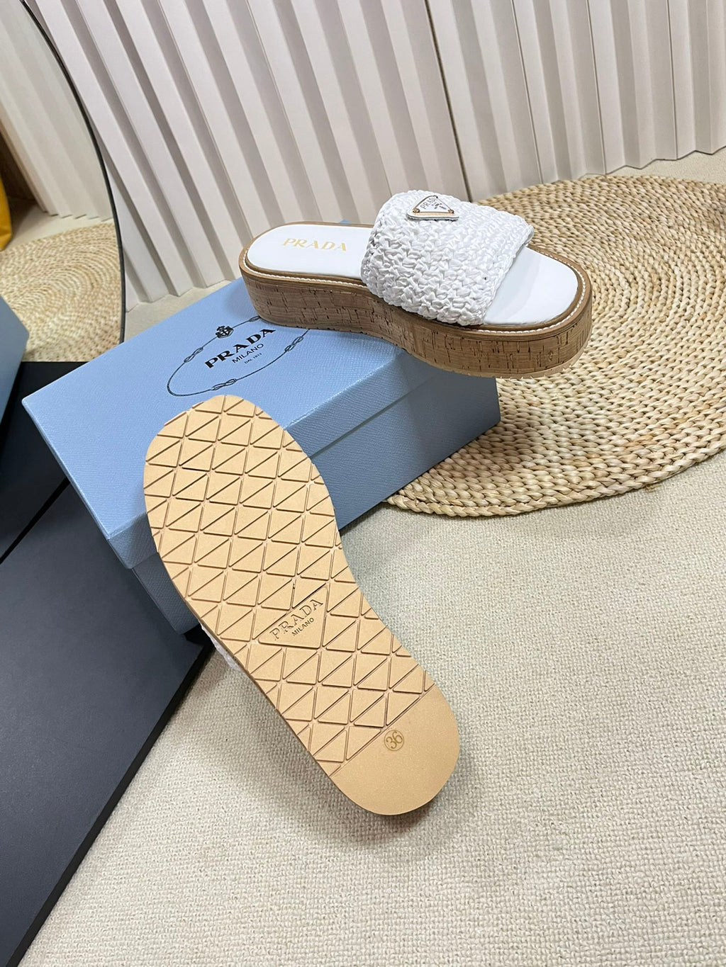 PRADA WEDGE FLATFORM SLIDES WHITE RAFFIA