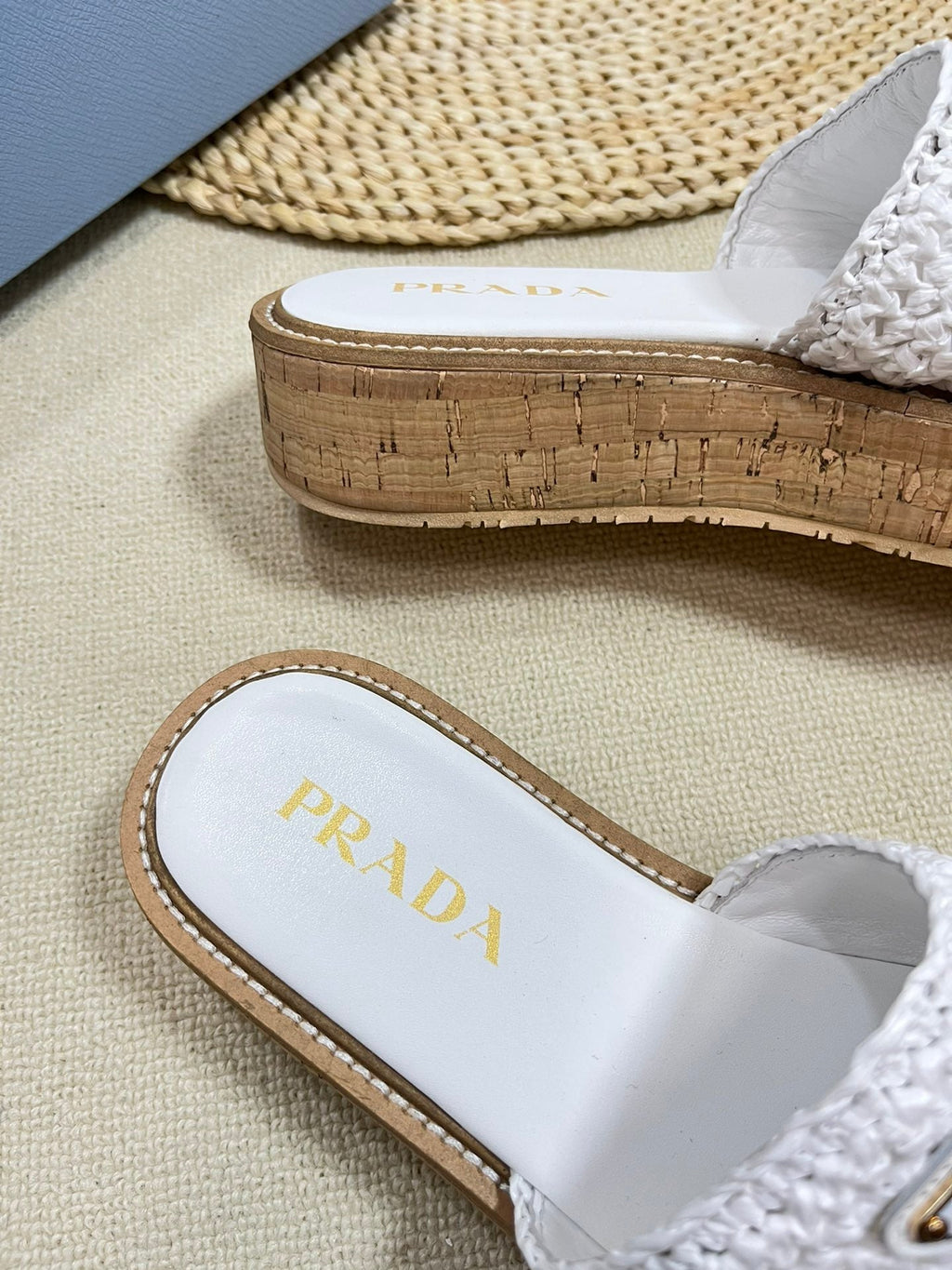 PRADA WEDGE FLATFORM SLIDES WHITE RAFFIA
