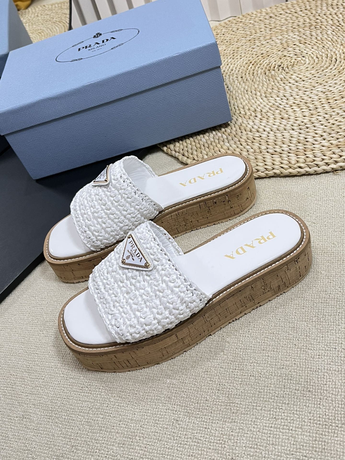 PRADA WEDGE FLATFORM SLIDES WHITE RAFFIA