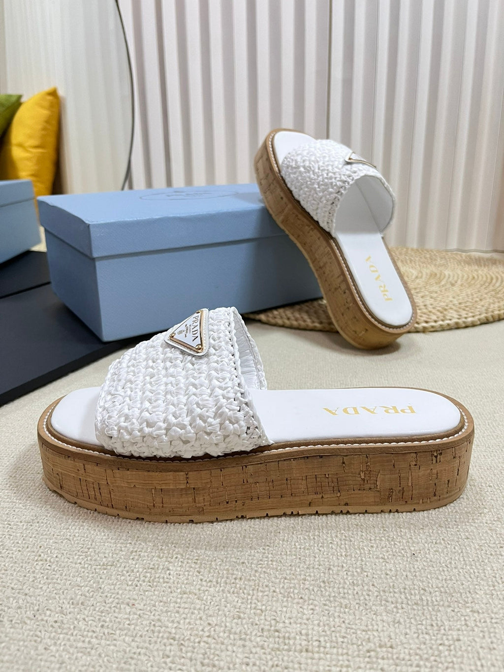 PRADA WEDGE FLATFORM SLIDES WHITE RAFFIA