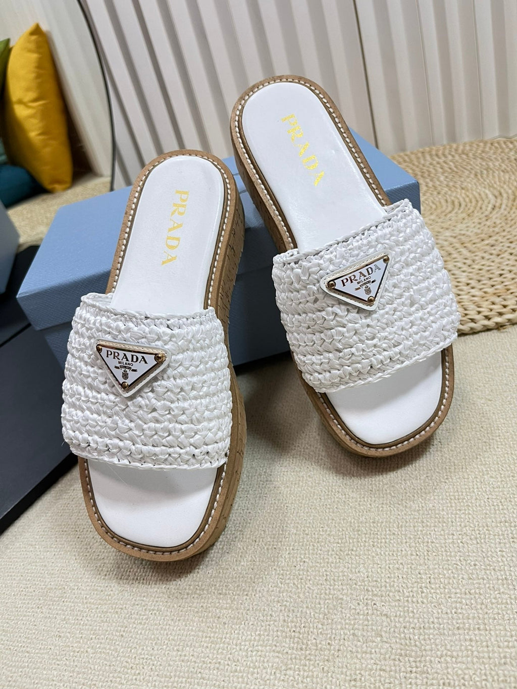 PRADA Crochet Flatform Slides 40 Lightweight Cork Sole White