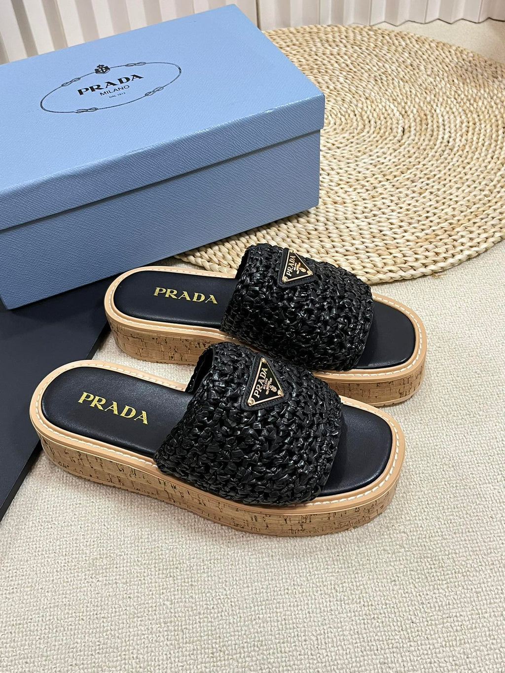 PRADA WEDGE FLATFORM SLIDES BLACK RAFFIA