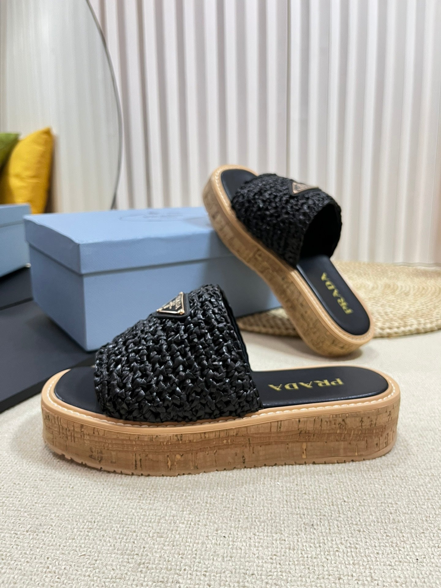 PRADA WEDGE FLATFORM SLIDES BLACK RAFFIA