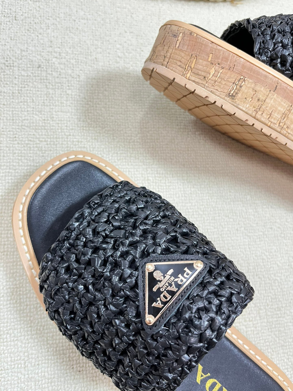 PRADA Crochet Flatform Slides 40 Lightweight Cork Sole Black