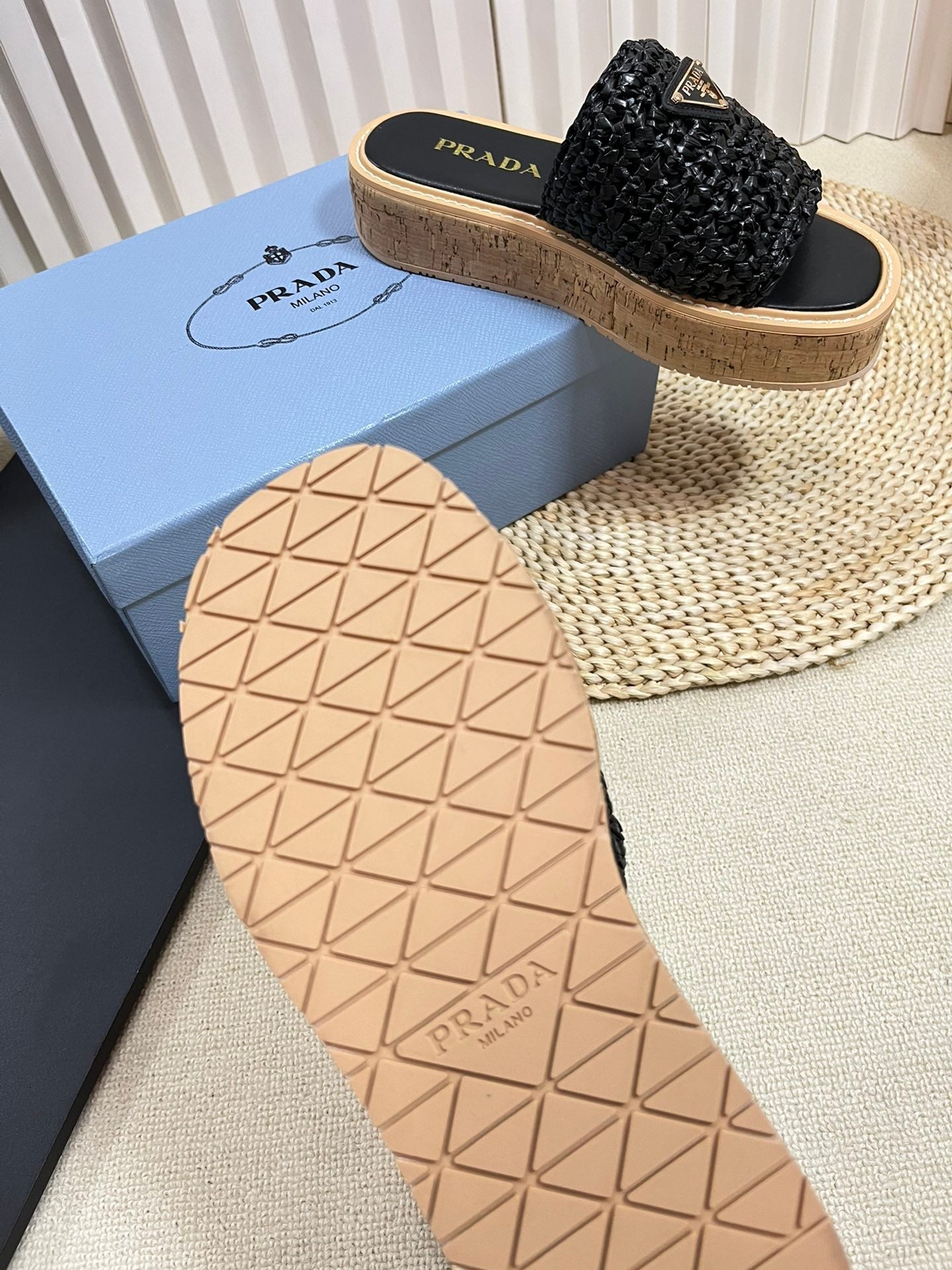 PRADA WEDGE FLATFORM SLIDES BLACK RAFFIA