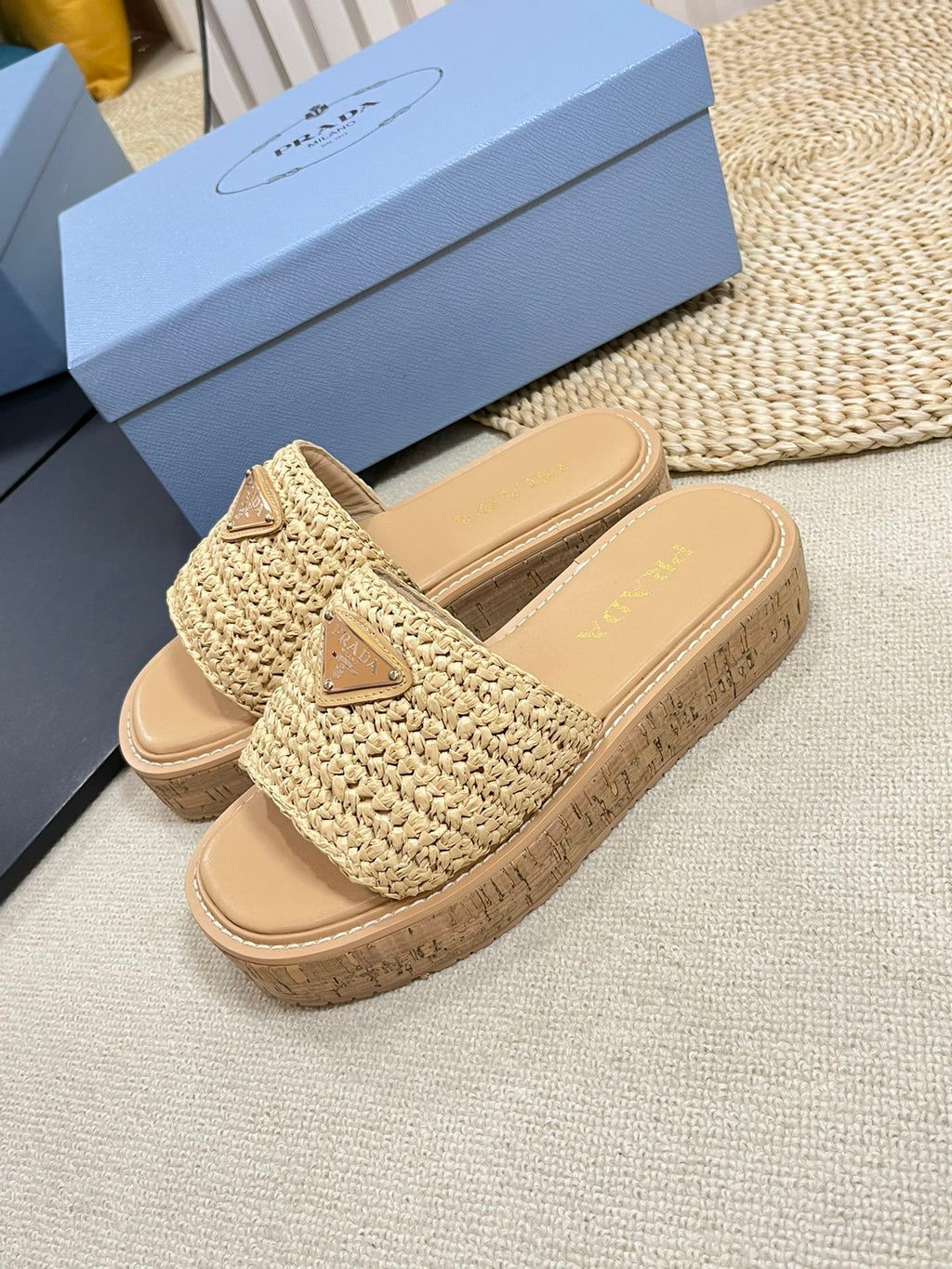 PRADA Crochet Flatform Slides 40 Lightweight Cork Sole Beige