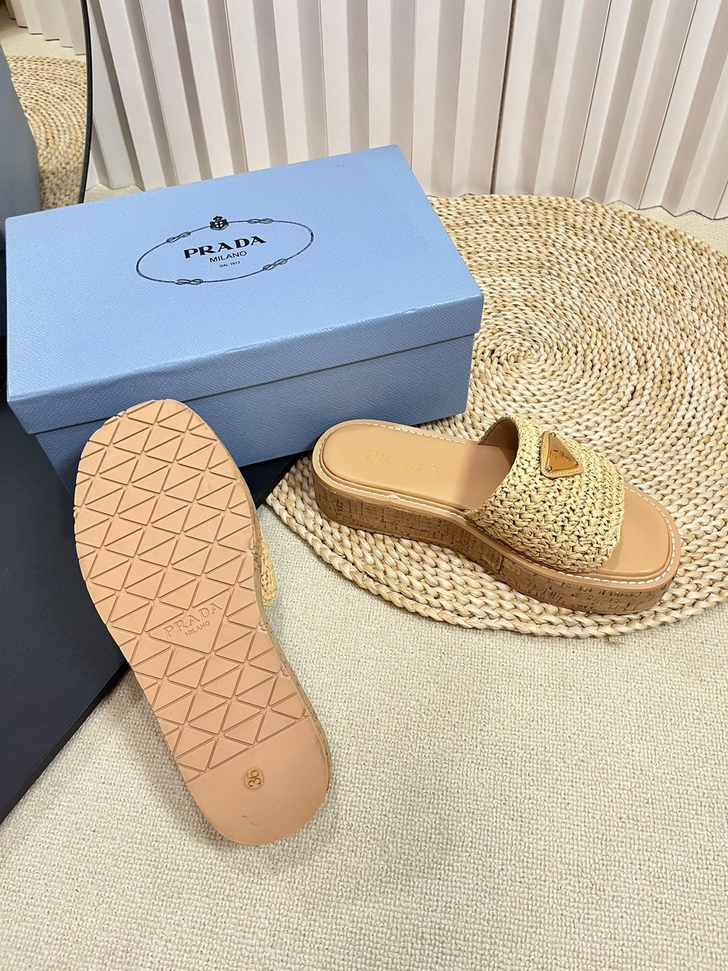 PRADA Crochet Flatform Slides 40 Lightweight Cork Sole Beige