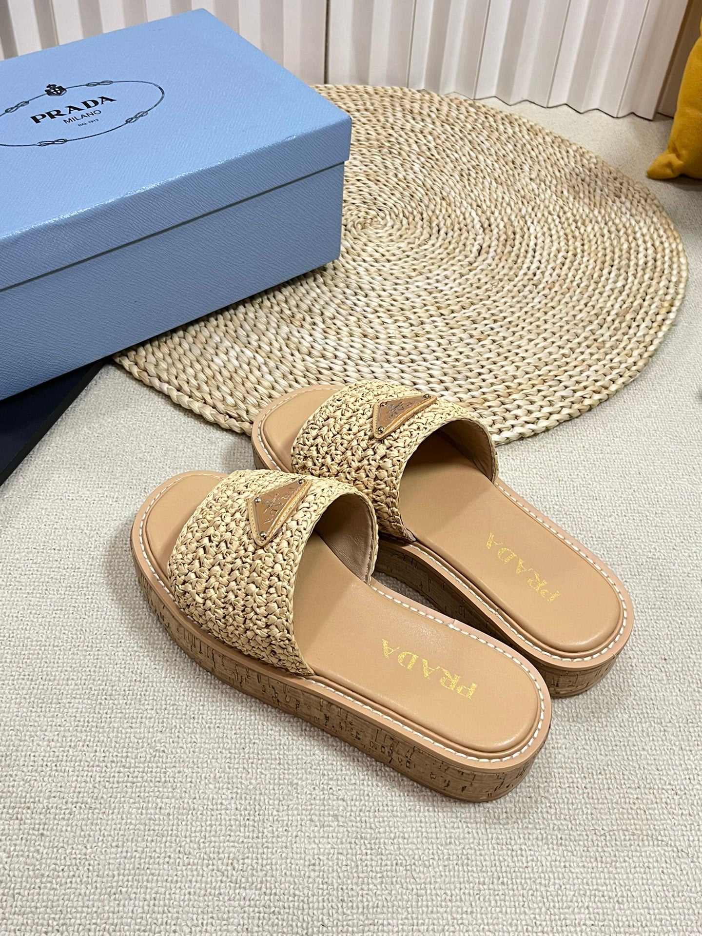 PRADA Crochet Flatform Slides 40 Lightweight Cork Sole Beige