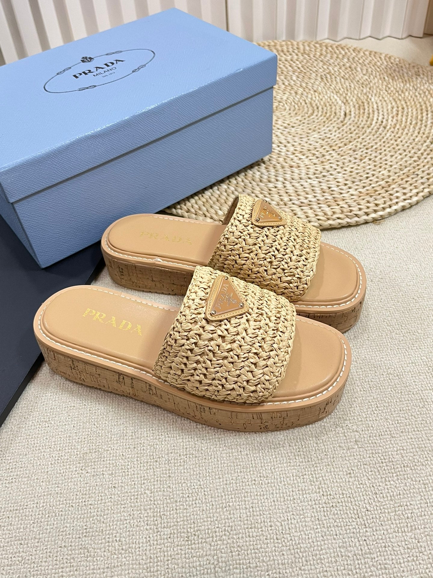 PRADA Crochet Flatform Slides 40 Lightweight Cork Sole Beige