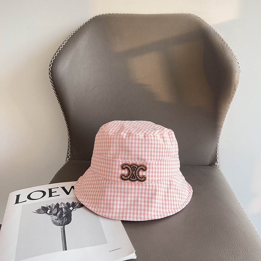 CELINE BUCKET HAT MODEL 652075 IN PINK & WHITE GINGHAM FABRIC