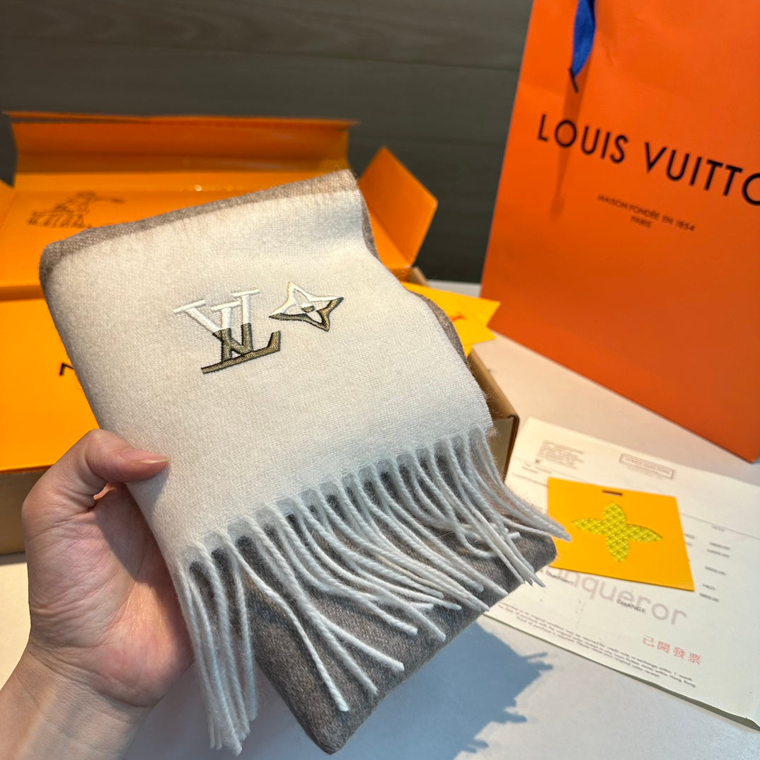 LOUIS VUITTON SCARF 185 CM IN MEDIUM BROWN MIX WHITE CASHMERE 390093