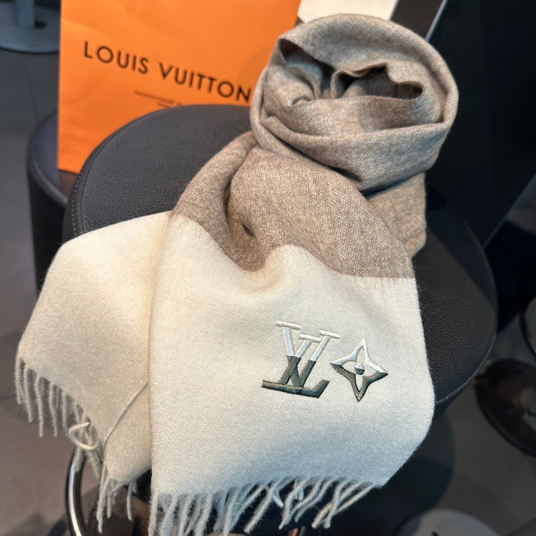 LOUIS VUITTON SCARF 185 CM IN MEDIUM BROWN MIX WHITE CASHMERE 390093