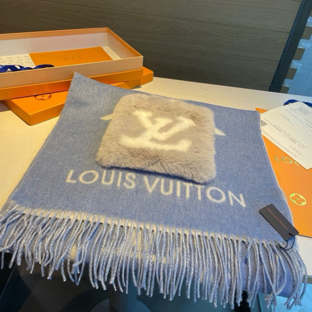 LOUIS VUITTON COLD REYKJAVIK SCARF 190 CM IN STEEL BLUE CASHMERE 394490