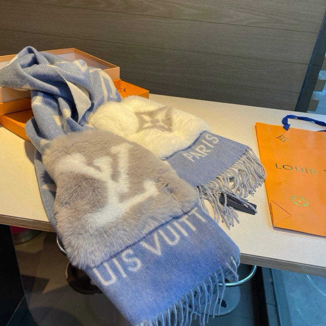 LOUIS VUITTON COLD REYKJAVIK SCARF 190 CM IN STEEL BLUE CASHMERE 394490