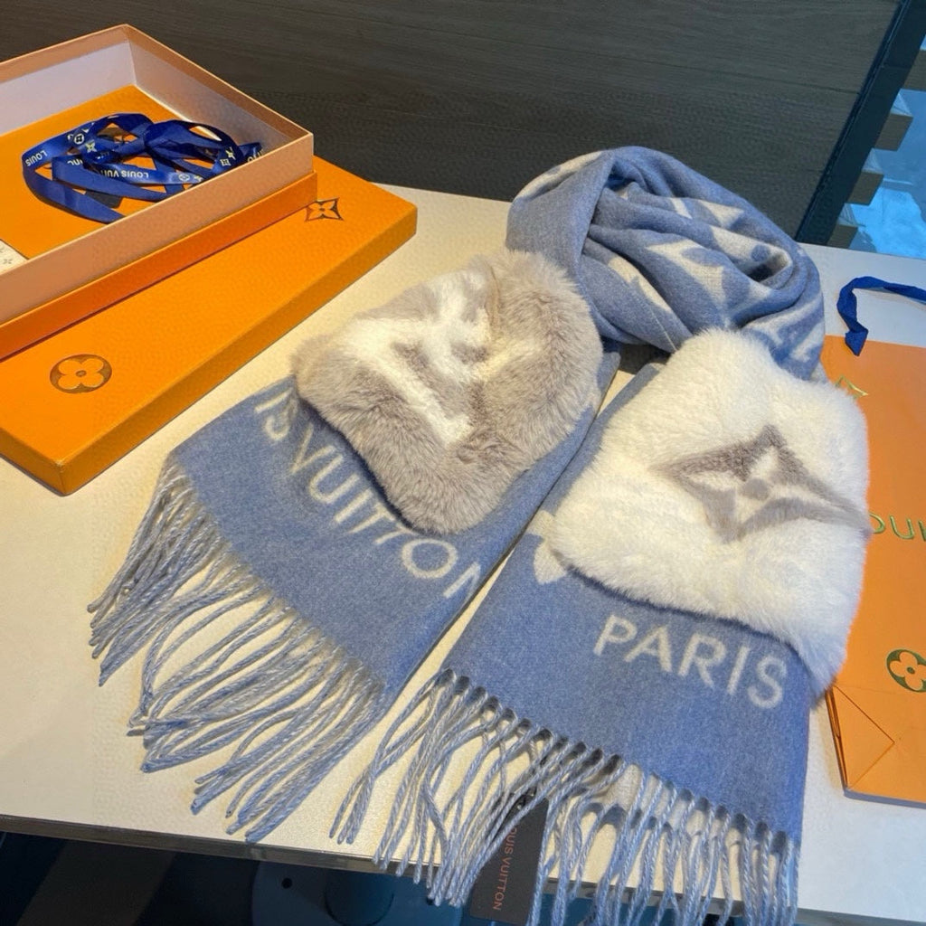 LOUIS VUITTON COLD REYKJAVIK SCARF 190 CM IN STEEL BLUE CASHMERE 394490