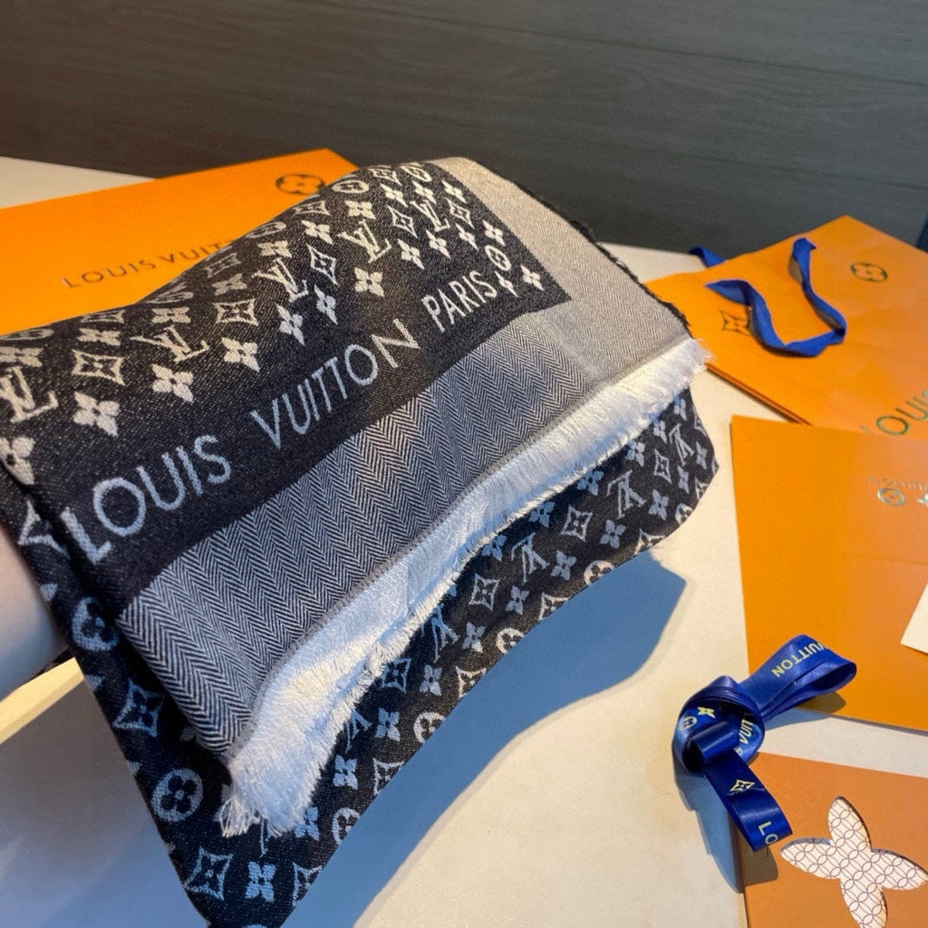 LOUIS VUITTON MONOGRAM SHINE SCARF 120 CM IN BLACK WOOL AND MULBERRY SILK 398194