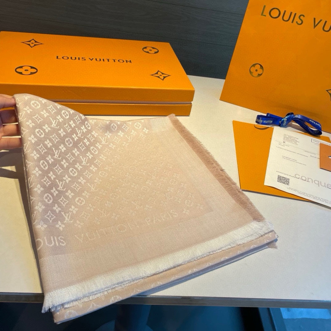 LOUIS VUITTON MONOGRAM SHINE SCARF 120 CM IN METALLIC BEIGE WOOL AND MULBERRY SILK 398197