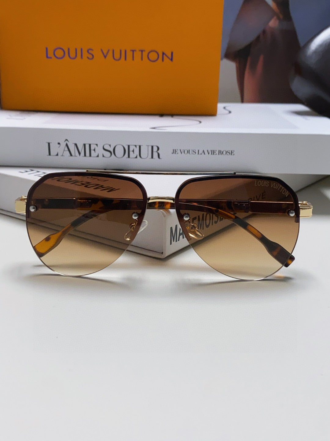 LOUIS VUITTON PILOT SUNGLASSES 582591 IN HAVANA METAL BROWN SMOKE LENSES