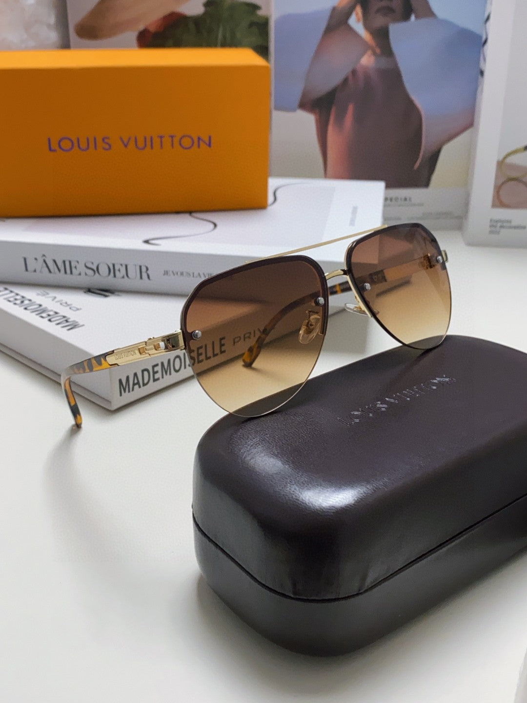 LOUIS VUITTON PILOT SUNGLASSES 582591 IN HAVANA METAL BROWN SMOKE LENSES