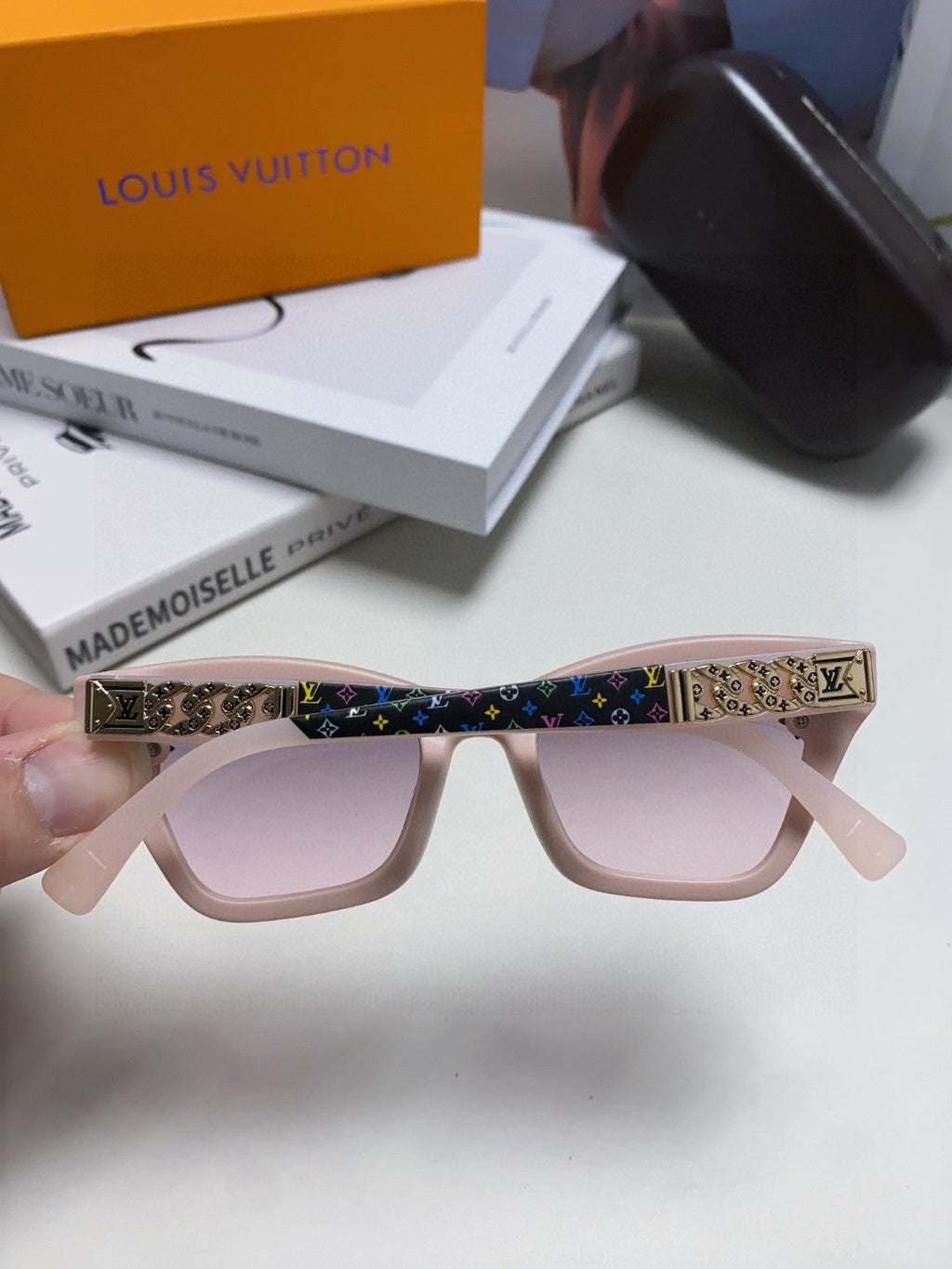 LOUIS VUITTON SQUARE SUNGLASSES 581358 IN NUDE PINK ACETATE EMBOSSED MONOGRAM LOGO