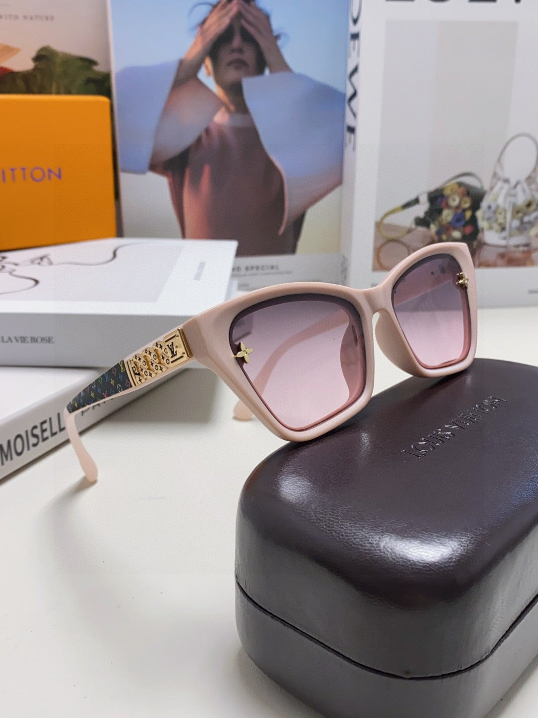 LOUIS VUITTON SQUARE SUNGLASSES 581358 IN NUDE PINK ACETATE EMBOSSED MONOGRAM LOGO