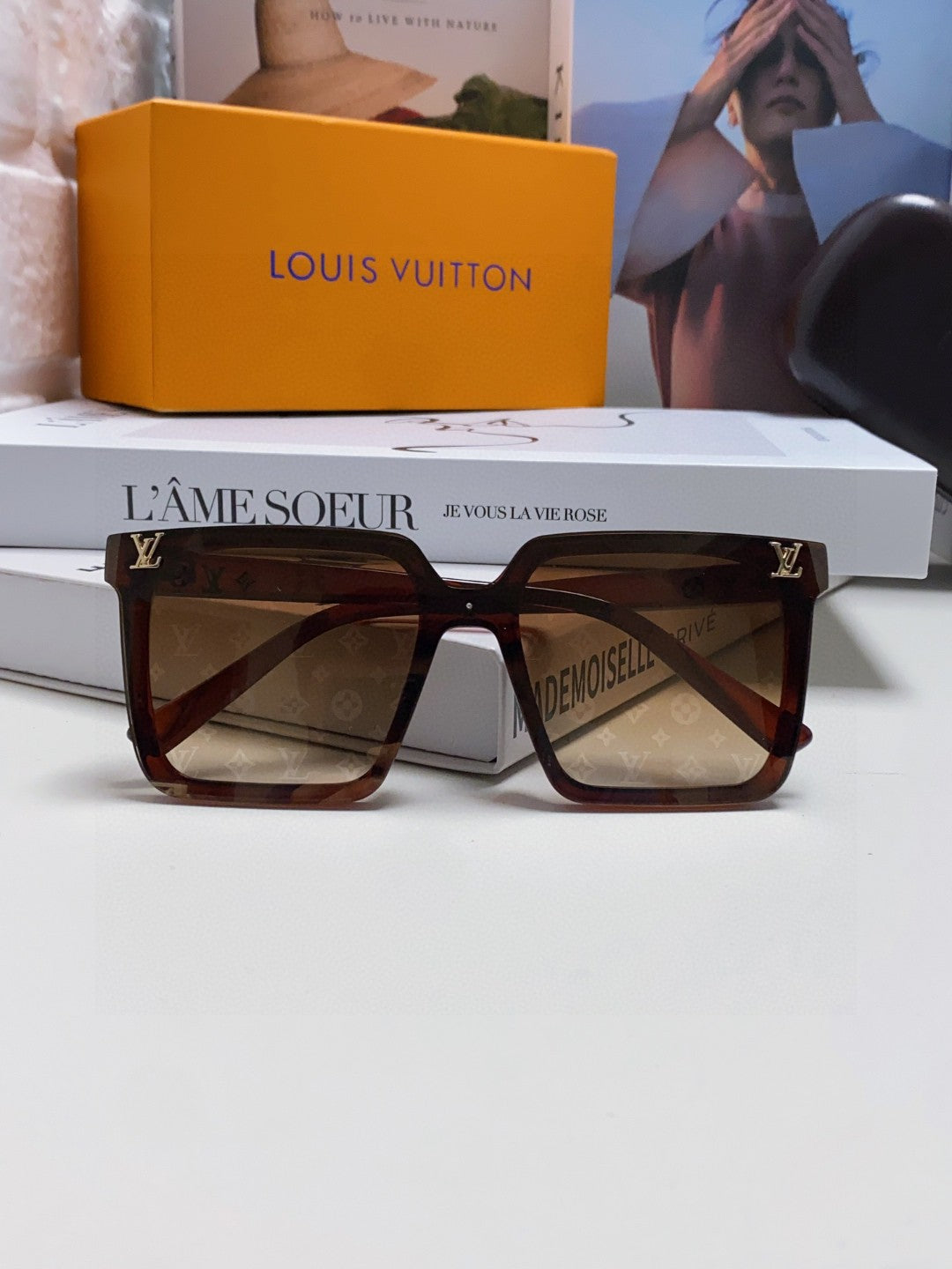 LOUIS VUITTON SQUARE SUNGLASS 581367 IN BROWN ACETATE MONOGRAM MASK ON LENS