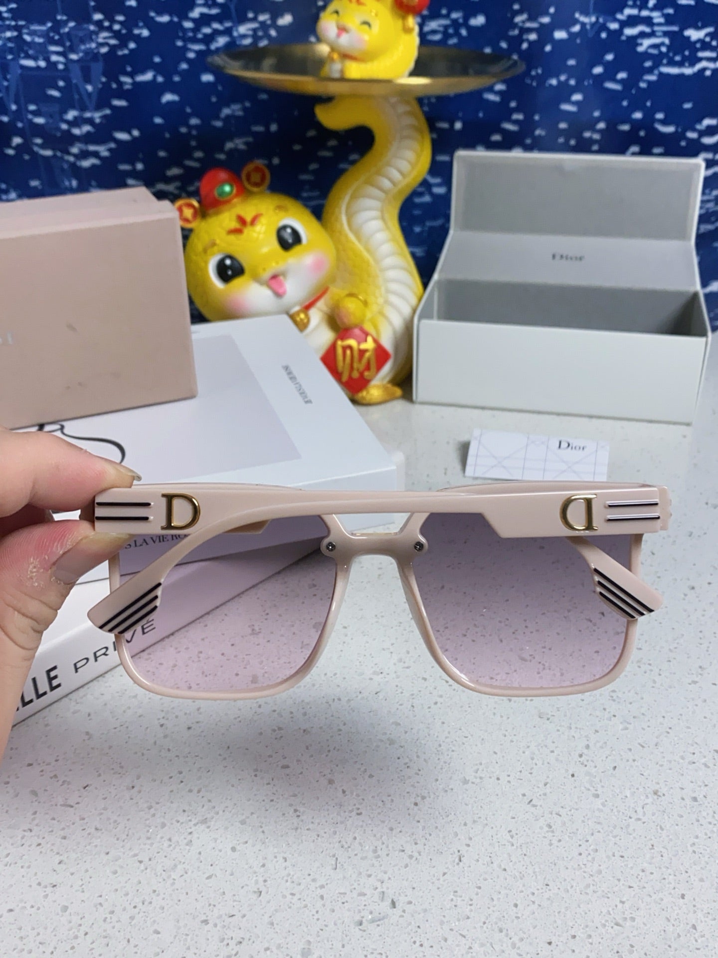 DIOR MONTAIGNE SUNGLASS 560859 IN BEIGE ACETATE PINK SMOKE LENSES