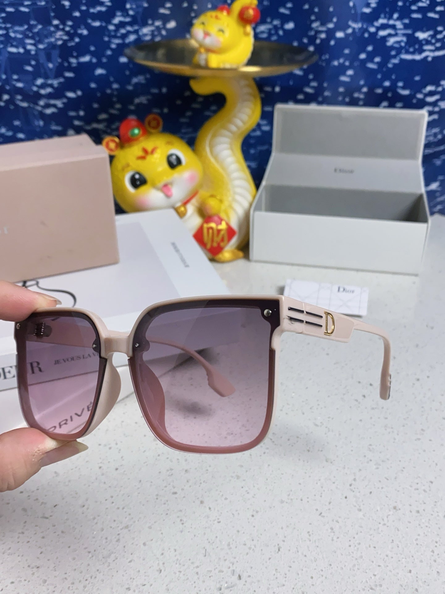 DIOR MONTAIGNE SUNGLASS 560859 IN BEIGE ACETATE PINK SMOKE LENSES
