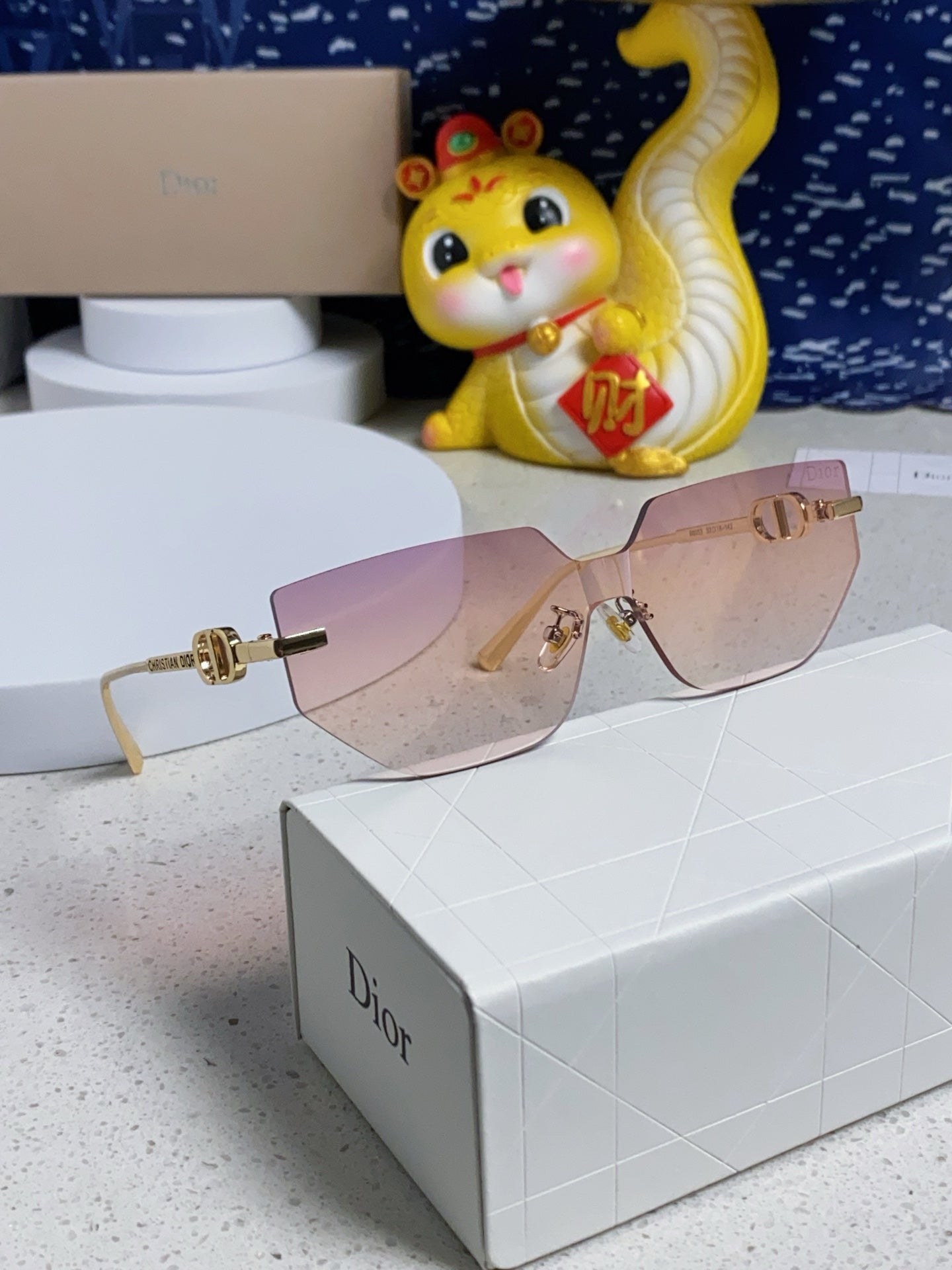 DIOR MONTAIGNE SUNGLASS 563191 IN GOLD METAL PINK SMOKE LENSES