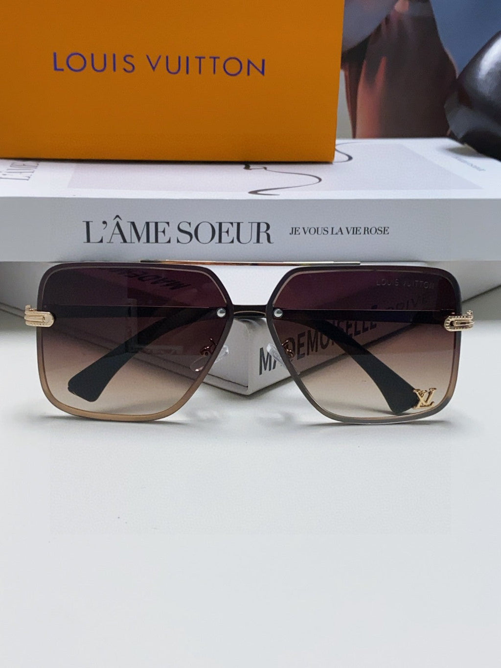 LOUIS VUITTON SQUARE SUNGLASSES 570264 IN GOLD METAL BROWN SMOKE LENS