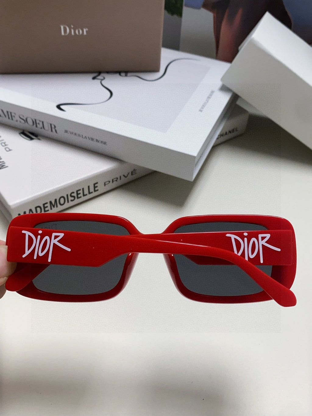 DIOR MONTAIGNE SUNGLASS 571592 IN RED ACETATE TEXT LOGO