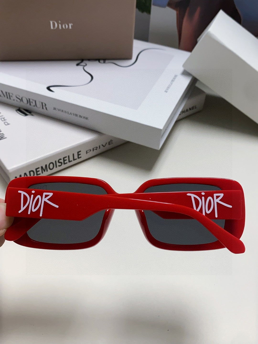 DIOR MONTAIGNE SUNGLASS 571592 IN RED ACETATE TEXT LOGO
